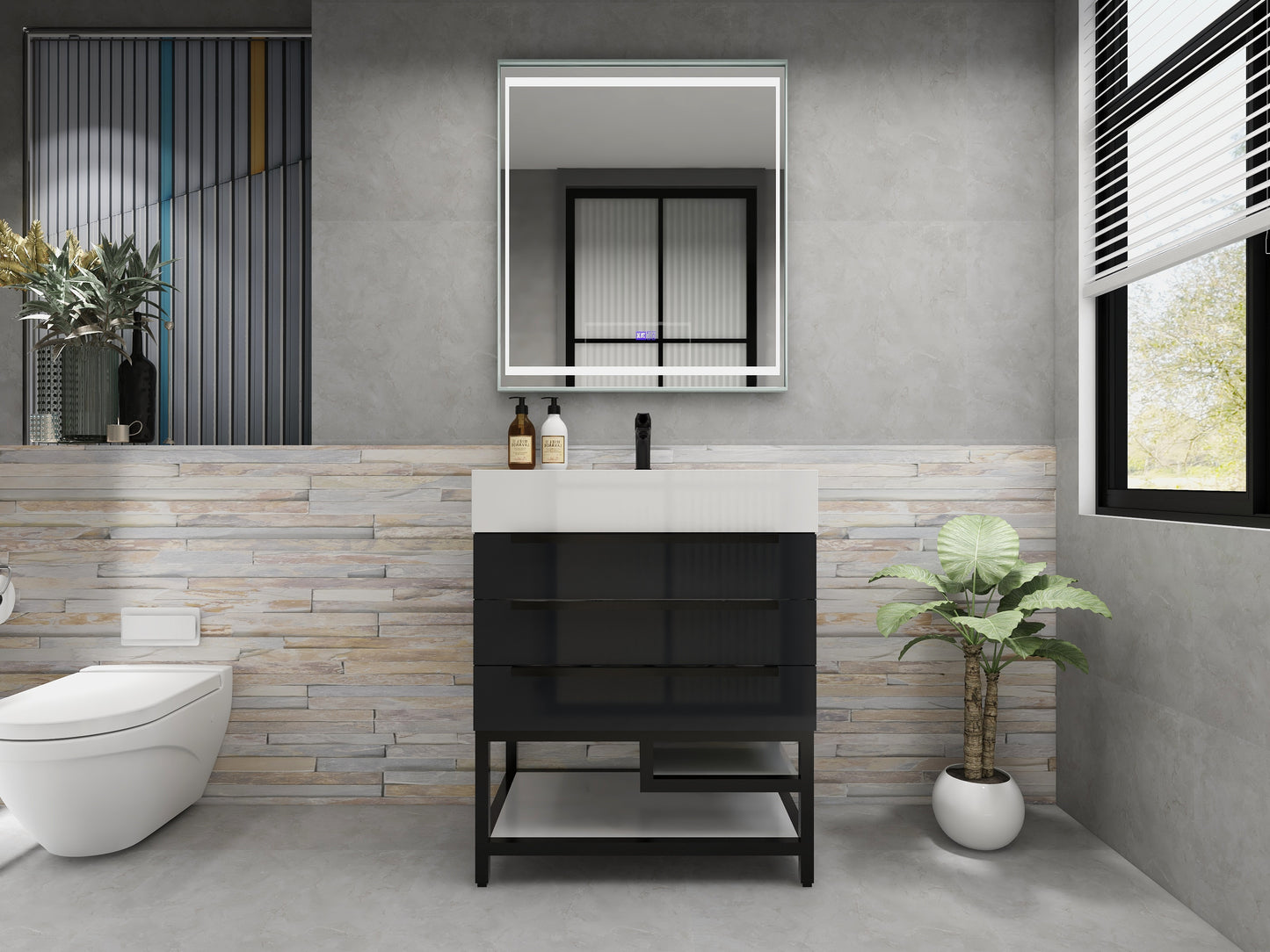 Bethany 30" Freestanding Bathroom Vanity with Reinforced Acrylic Sink in Gloss Gray with Black Handles | Better Vanity Bath Vanities