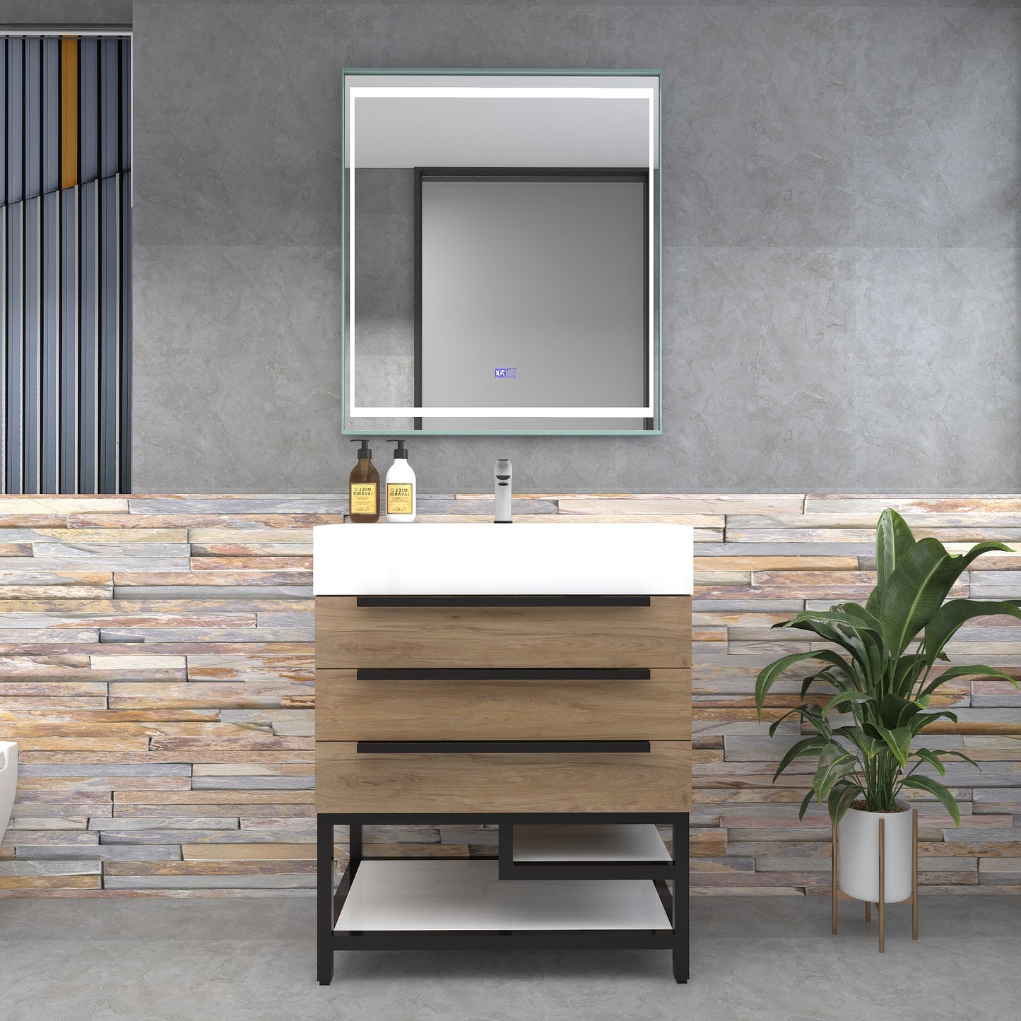 Bethany 30" Freestanding Bathroom Vanity with Reinforced Acrylic Sink in White Oak with Black Handles | Better Vanity Bath Vanities