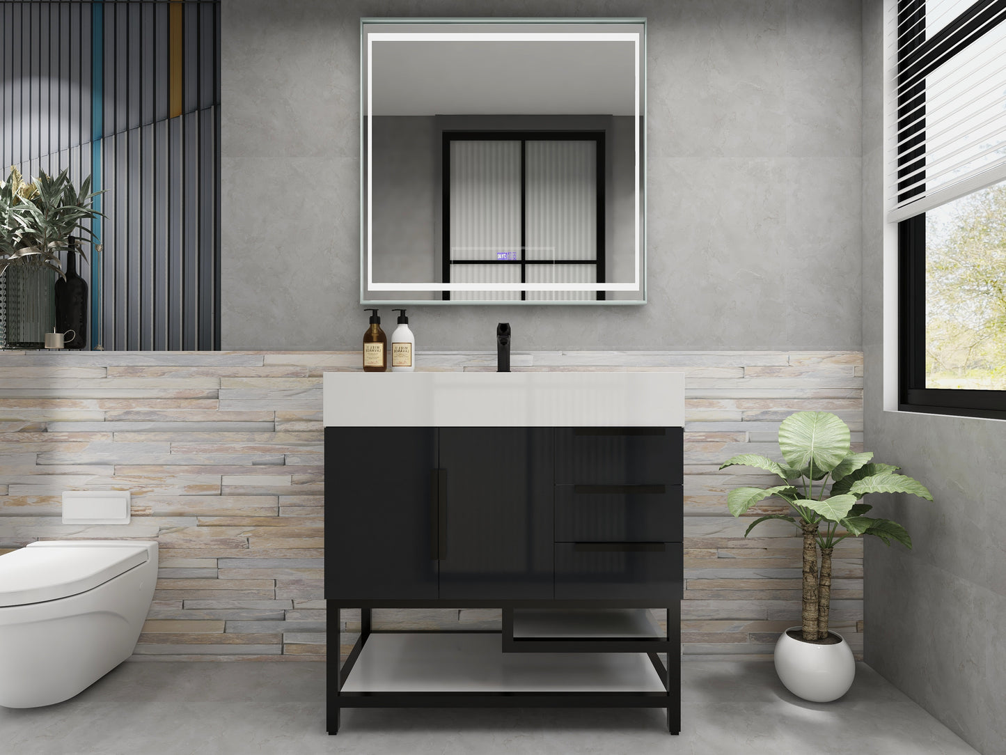 Bethany 36" Freestanding Bathroom Vanity with Reinforced Acrylic Sink in Gloss Gray with Black Handles | Better Vanity Bath Vanities