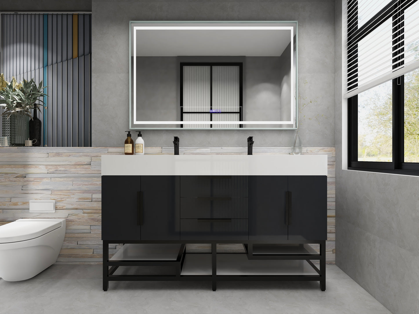 Bethany 60" Freestanding Bathroom Vanity with Reinforced Acrylic Sink in Gloss Gray with Black Handles | Better Vanity Bath Vanities