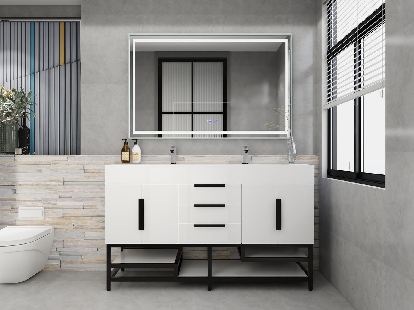 Bethany 60" Freestanding Bathroom Vanity with Reinforced Acrylic Double Sink in Gloss White with Black Handles | Better Vanity Bath Vanities