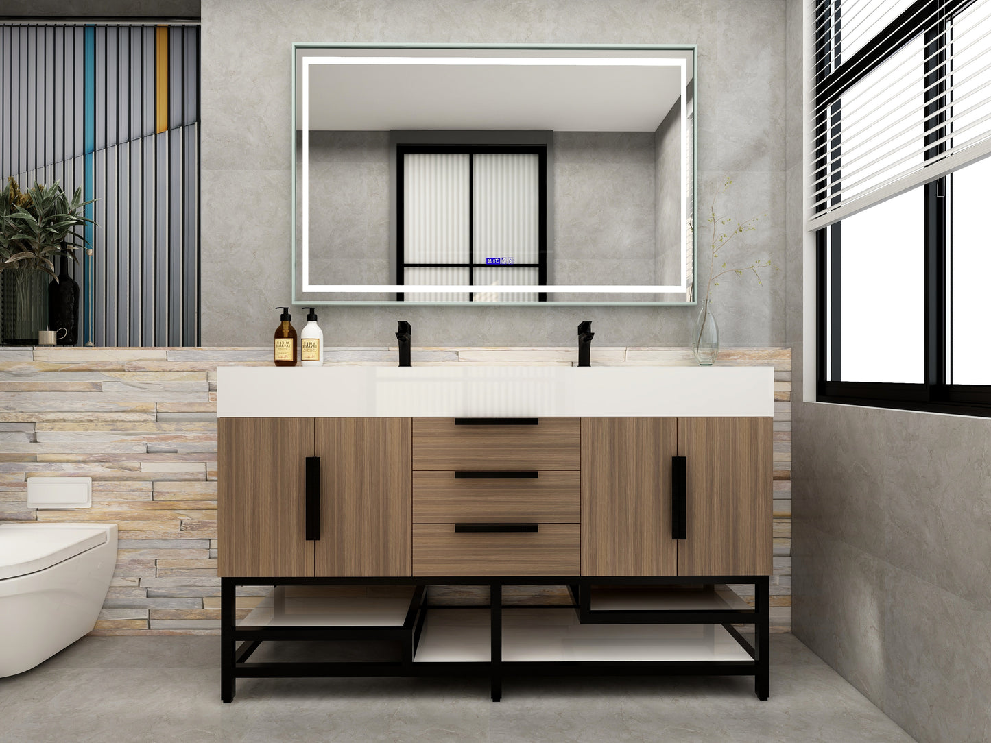 Bethany 60" Freestanding Bathroom Vanity with Reinforced Acrylic Sink in Rosewood with Black Handles | Better Vanity Bath Vanities