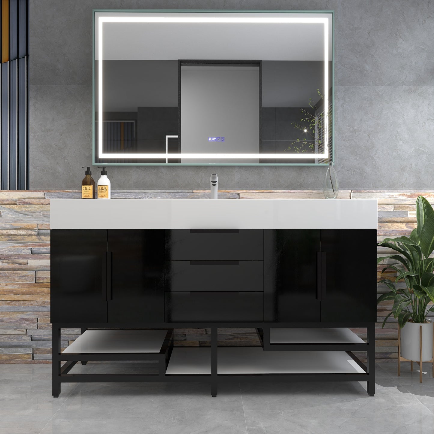 Bethany 60" Freestanding Bathroom Vanity with Reinforced Acrylic Single Sink in Gloss Black with Black Handles | Better Vanity Bath Vanities