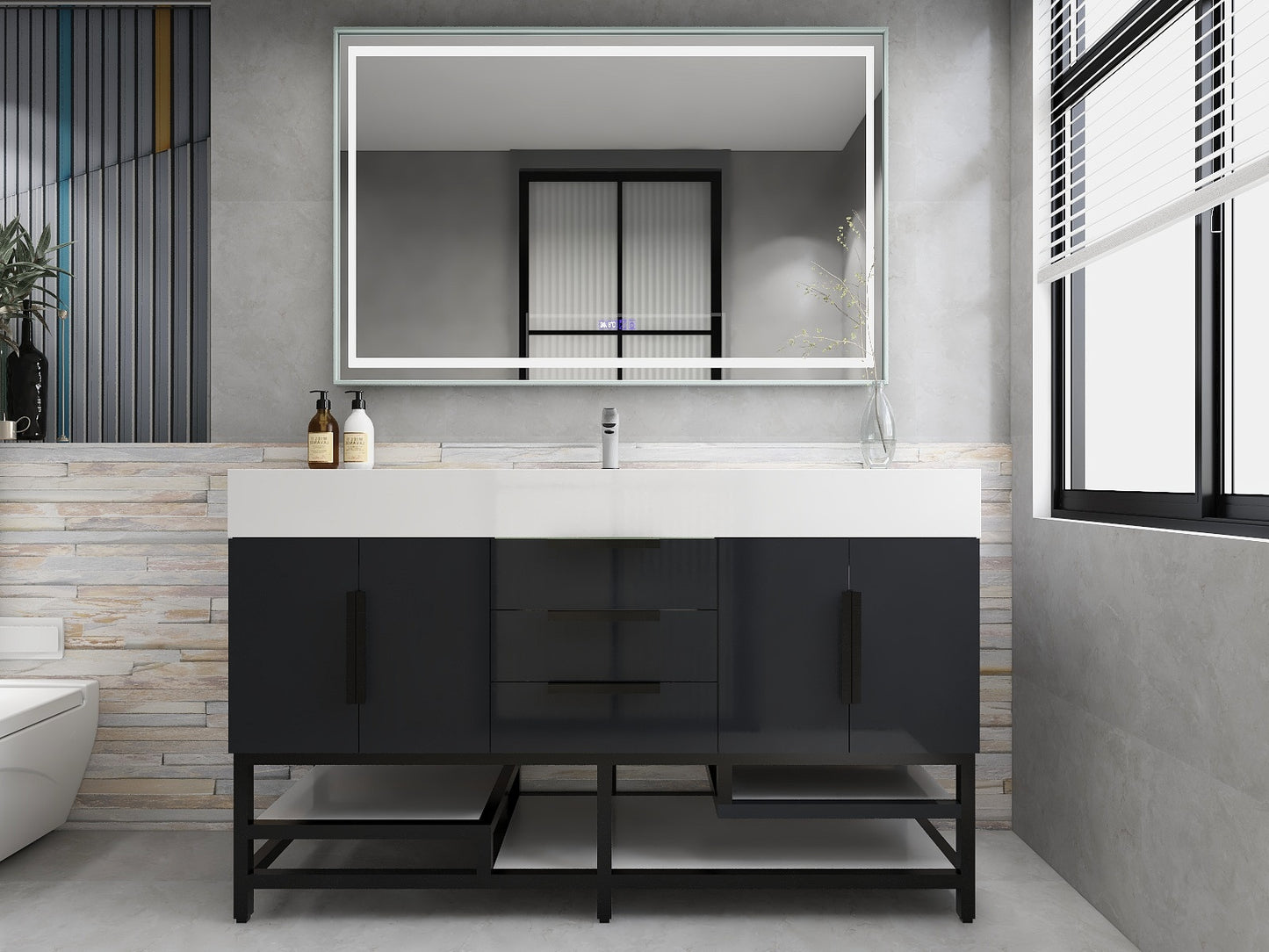 Bethany 60" Freestanding Bathroom Vanity with Reinforced Acrylic Sink in Gloss Gray with Black Handles | Better Vanity Bath Vanities