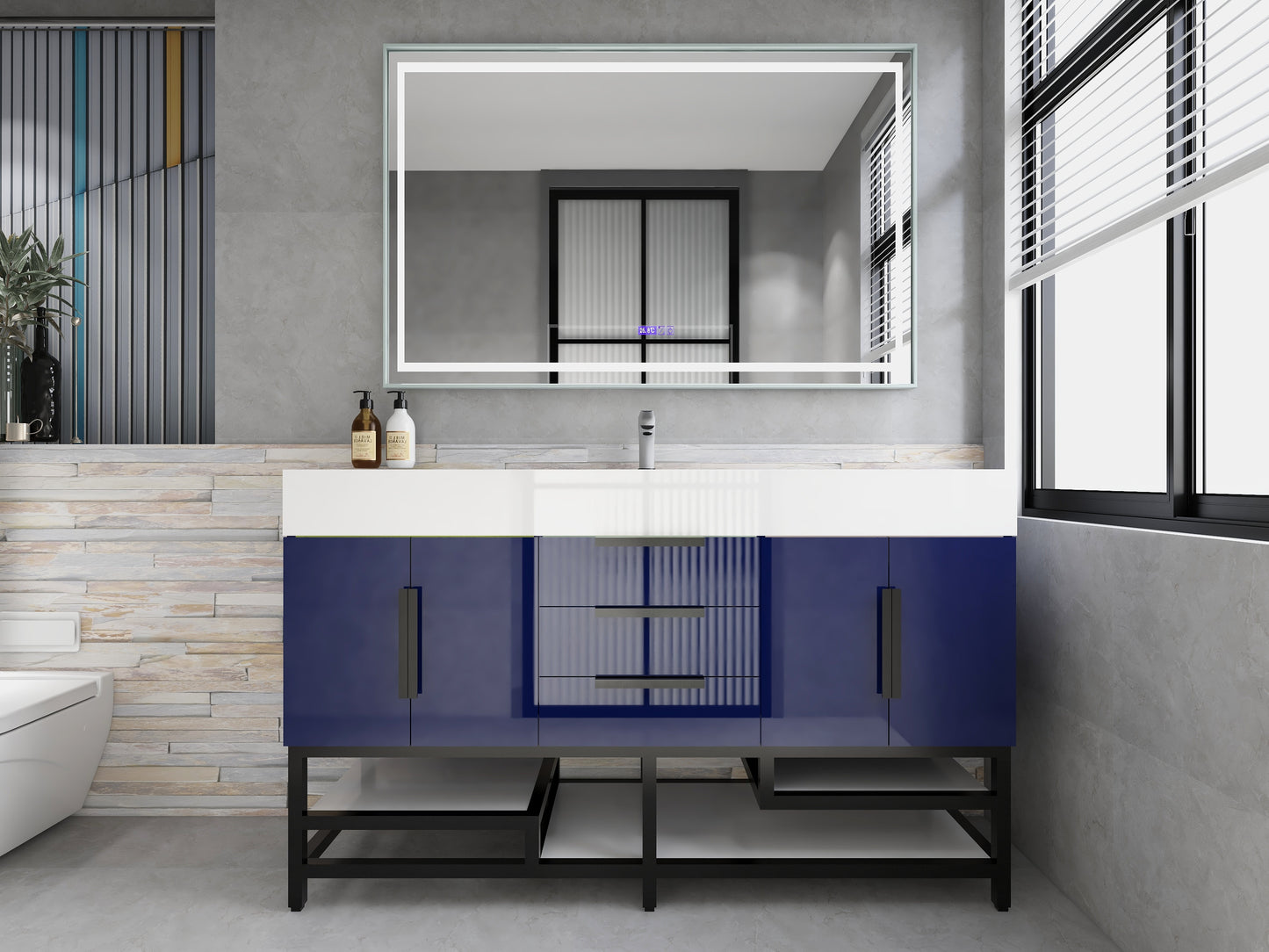 Bethany 60" Freestanding Bathroom Vanity with Reinforced Acrylic Sink in Night Blue Gloss with Black Handles | Better Vanity Bath Vanities