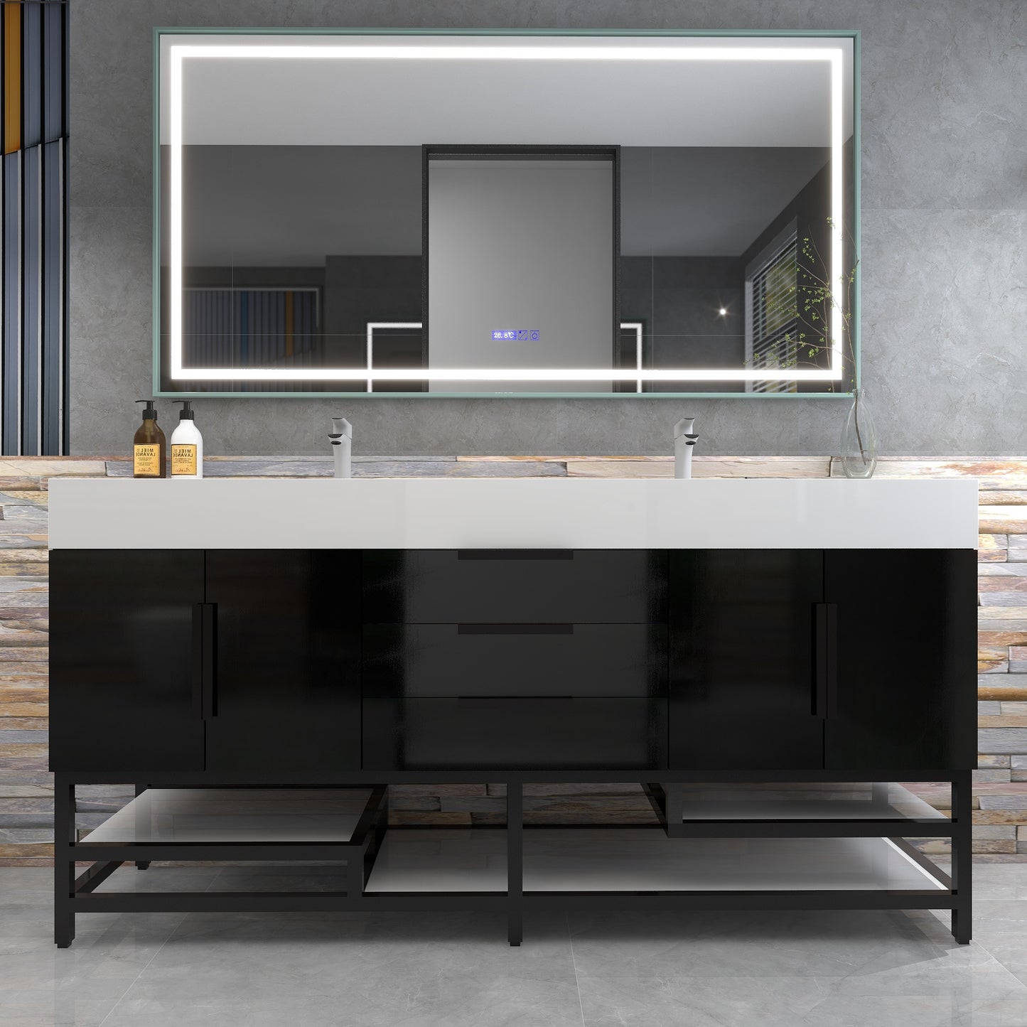 Bethany 72" Freestanding Bathroom Vanity with Reinforced Acrylic Double Sink in Gloss Black with Black Handles | Better Vanity Bath Vanities