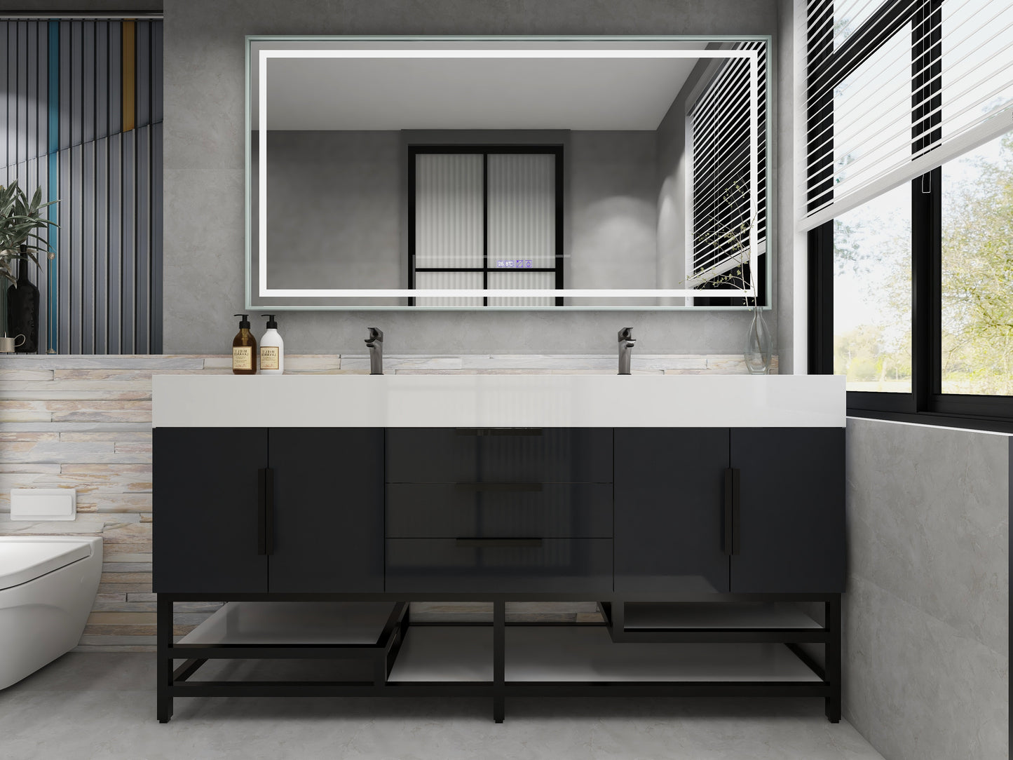 Bethany 72" Freestanding Bathroom Vanity with Reinforced Acrylic Sink in Gloss Gray with Black Handles | Better Vanity Bath Vanities