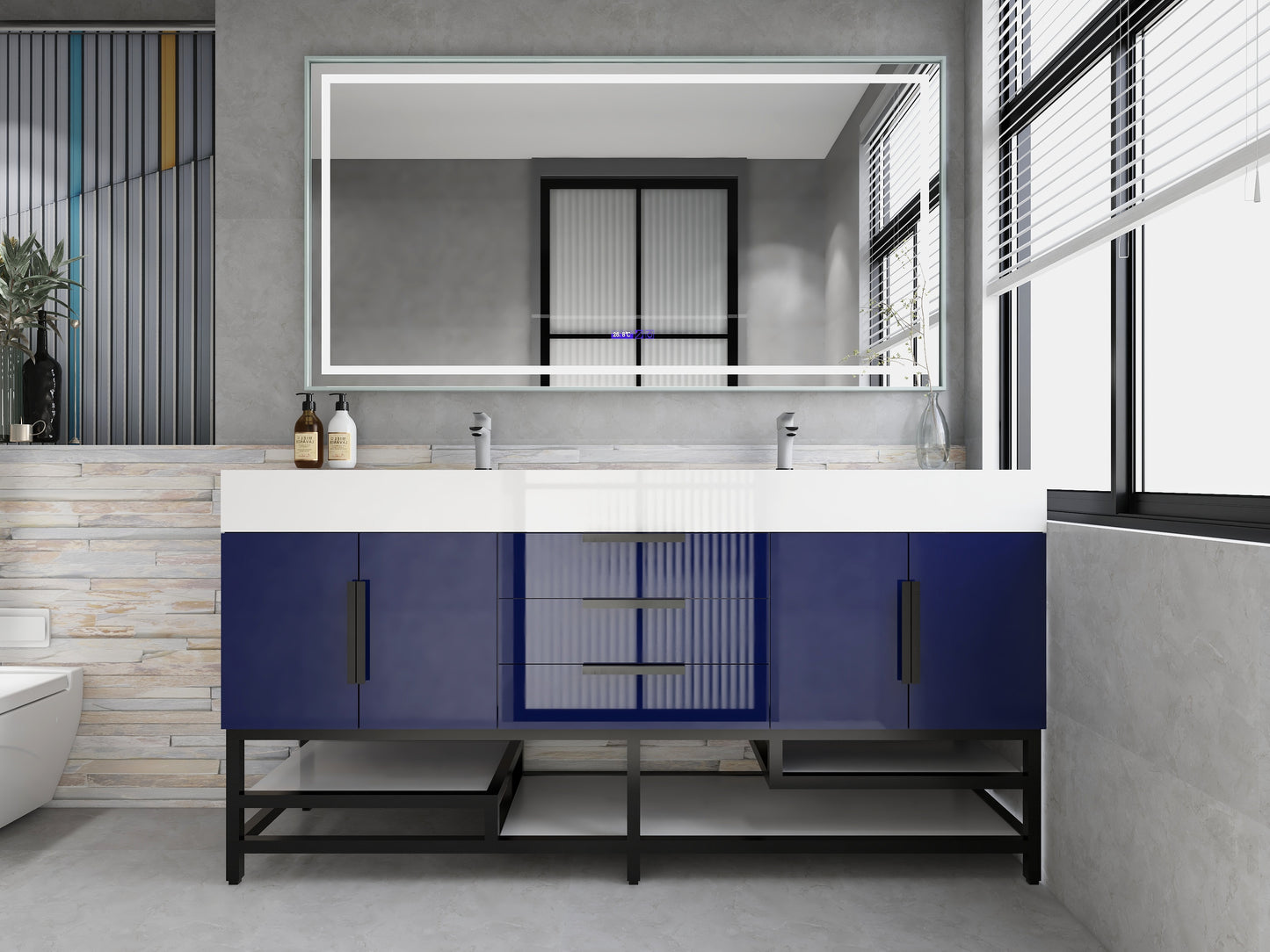 Bethany 72" Freestanding Bathroom Vanity with Reinforced Acrylic Double Sink in Night Blue Gloss with Black Handles | Better Vanity Bath Vanities
