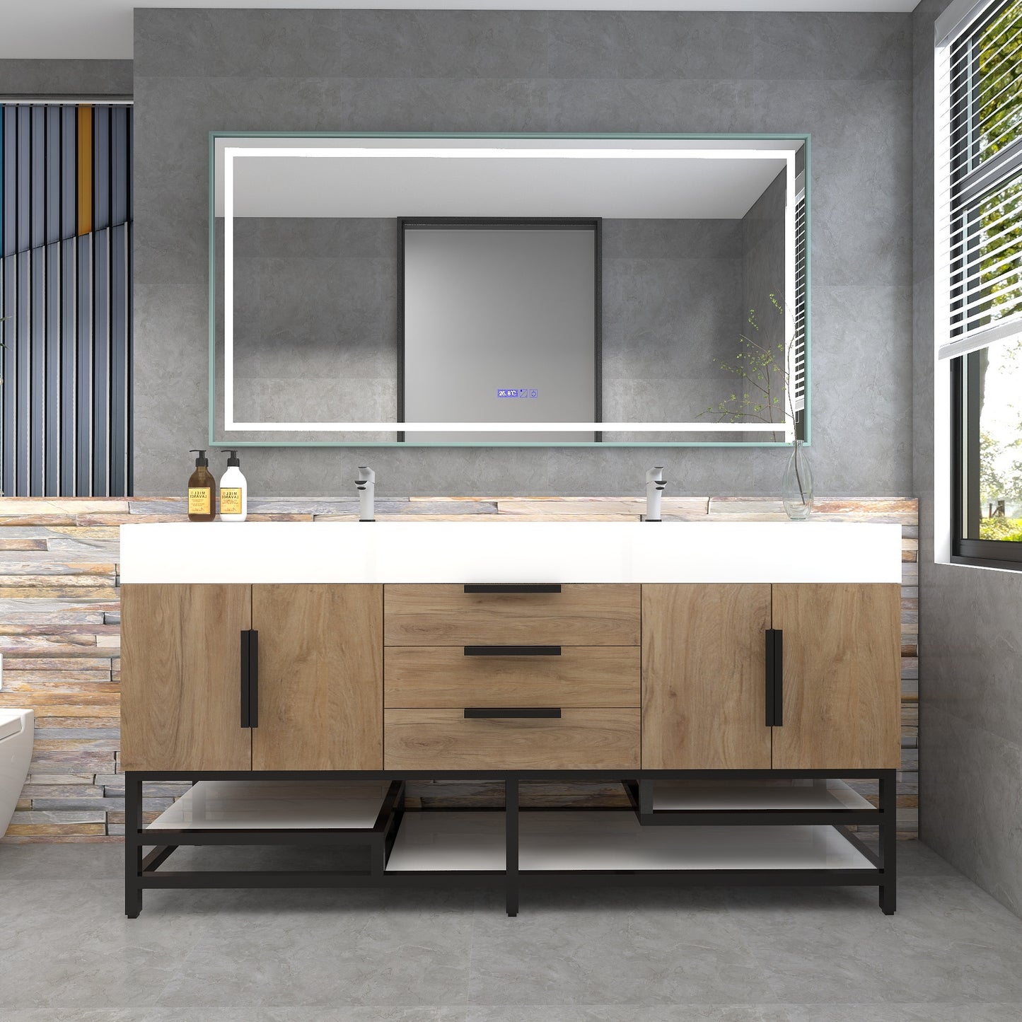 Bethany 72" Freestanding Bathroom Vanity with Reinforced Acrylic Double Sink in White Oak with Black Handles | Better Vanity Bath Vanities