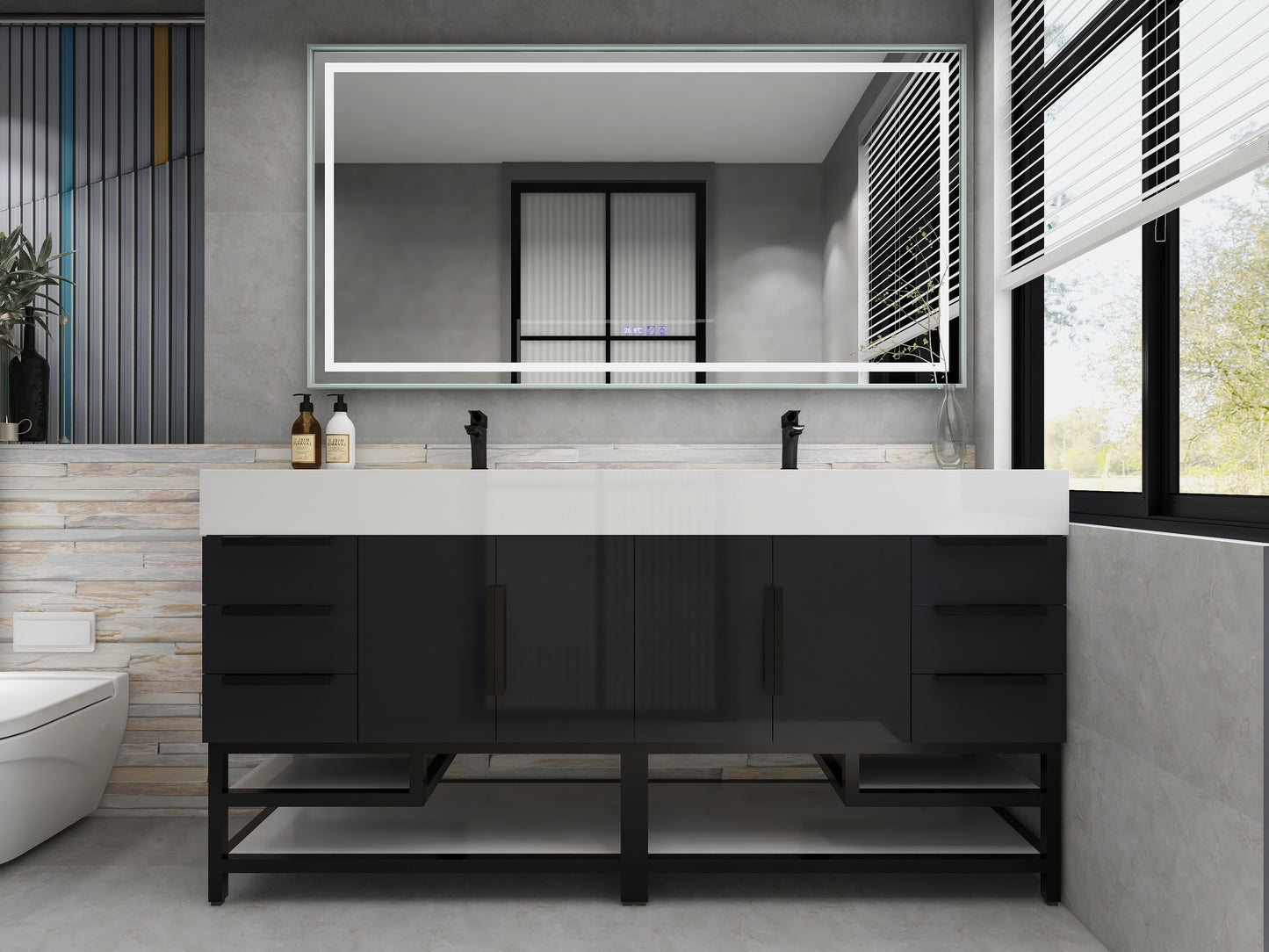 Bethany 72" Freestanding Bathroom Vanity with Reinforced Acrylic Sink in Gloss Gray with Black Handles | Better Vanity Bath Vanities
