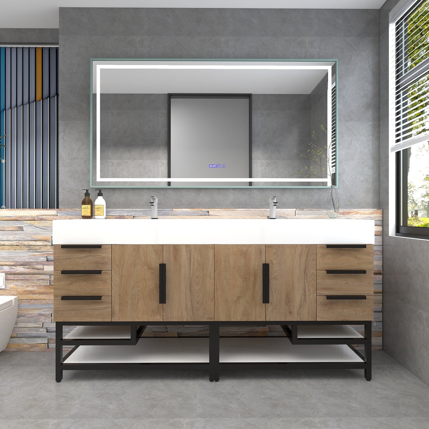 Bethany 72" Freestanding Bathroom Vanity with Reinforced Acrylic Double Sink in White Oak with Black Handles | Better Vanity Bath Vanities