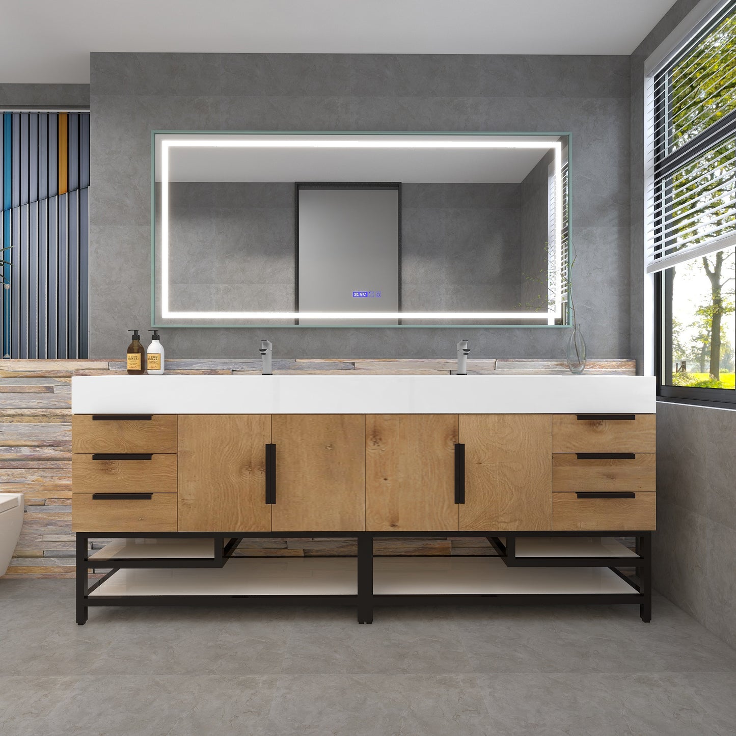 Bethany 84" Freestanding Bathroom Vanity with Reinforced Acrylic Double Sink in Teak Oak with Black Handles | Better Vanity Bath Vanities