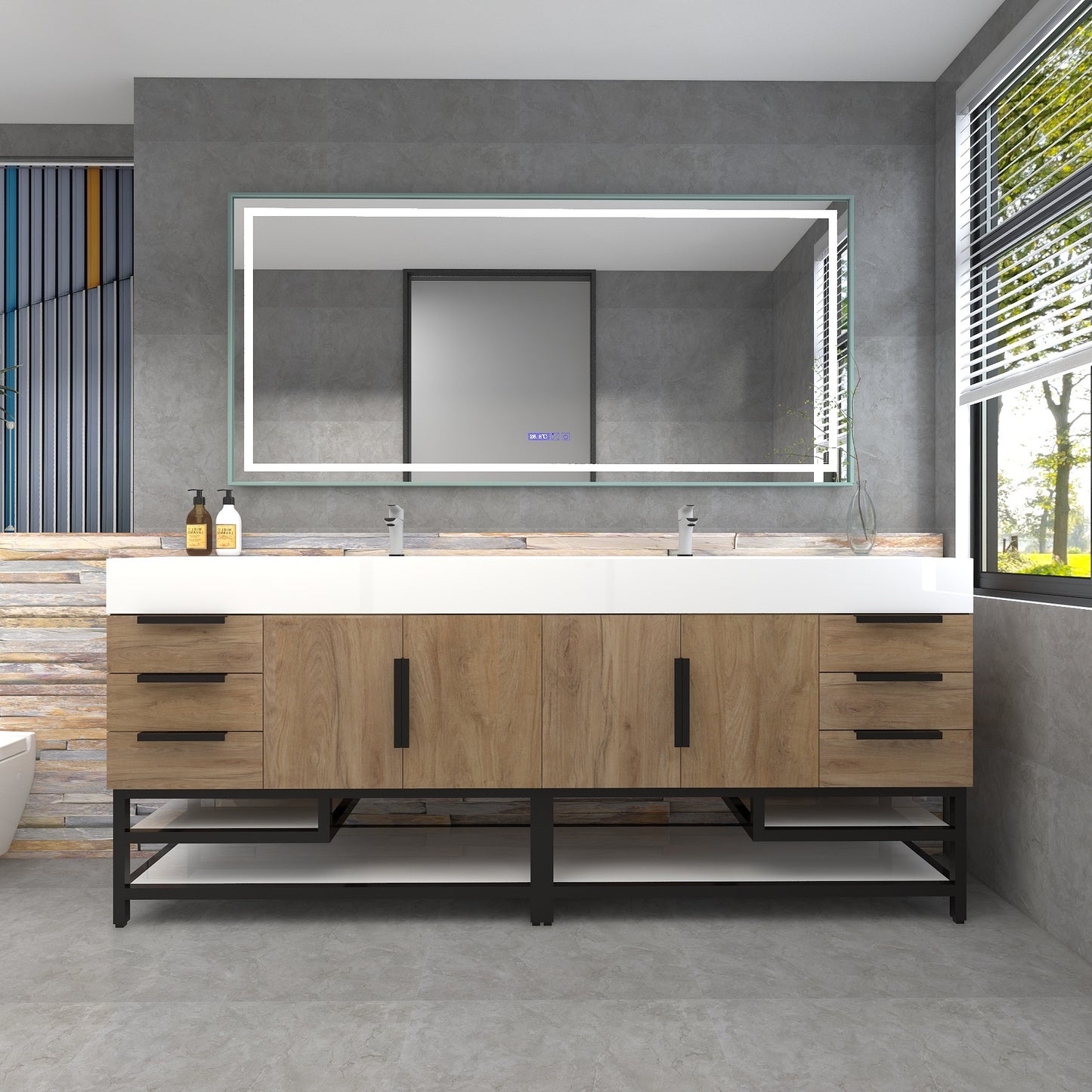 Bethany 84" Freestanding Bathroom Vanity with Reinforced Acrylic Double Sink in White Oak with Black Handles | Better Vanity Bath Vanities
