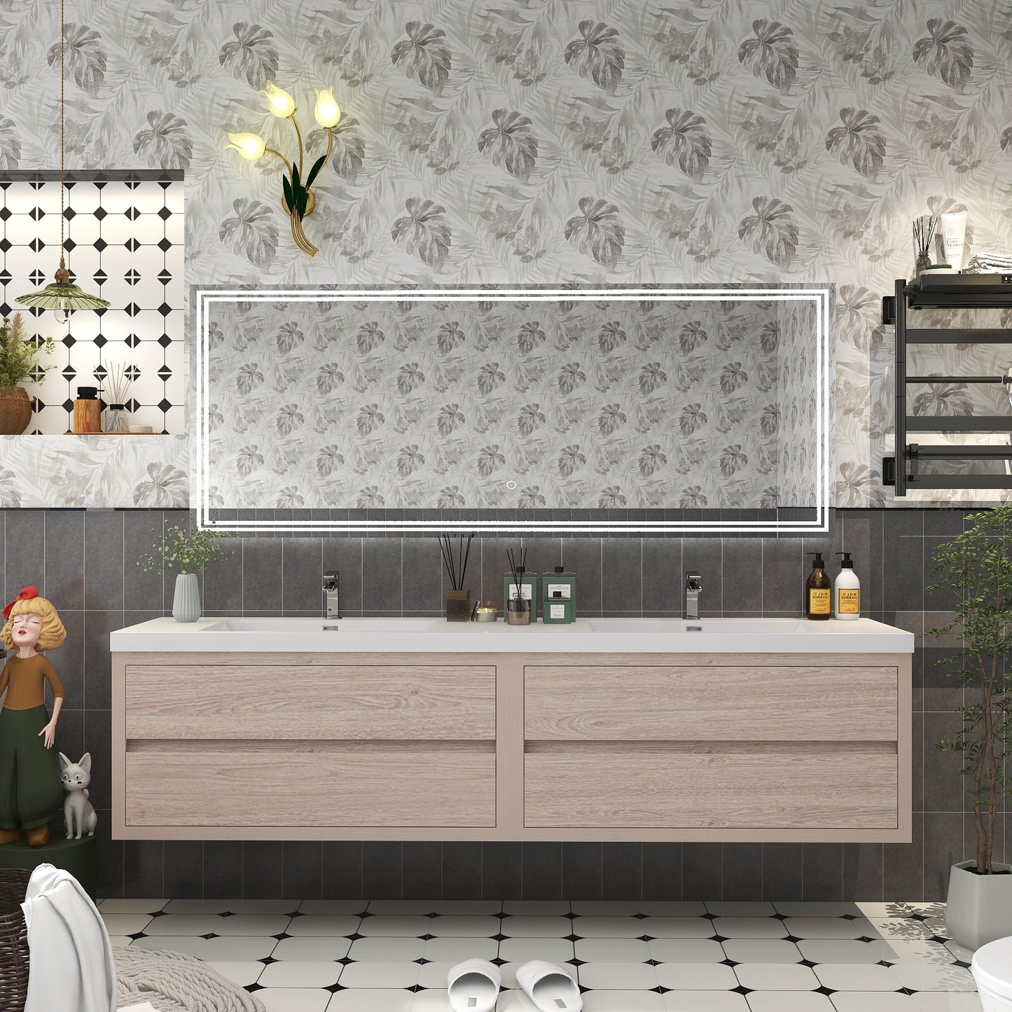 Louis 84" Floating Bathroom Vanity in Pink Wood, Double Sink Vanity | Better Vanity Floating Vanities