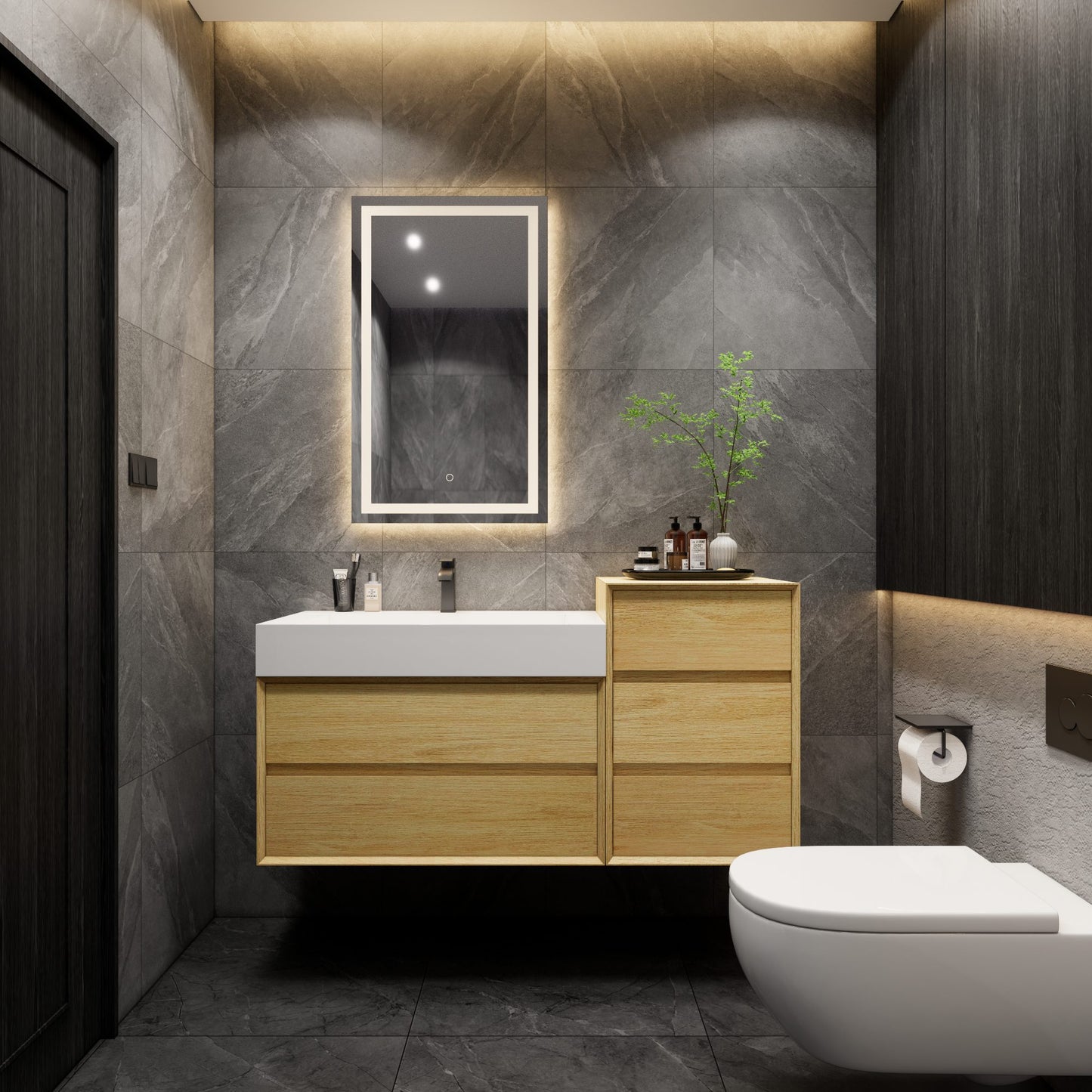 Max 55 Teak Oak Bathroom Vanity with Side Cabinet Set with FLX Acrylic Sink - Shop Modern Bathroom Vanities - Better Vanity - Minimal Bathroom Vanities