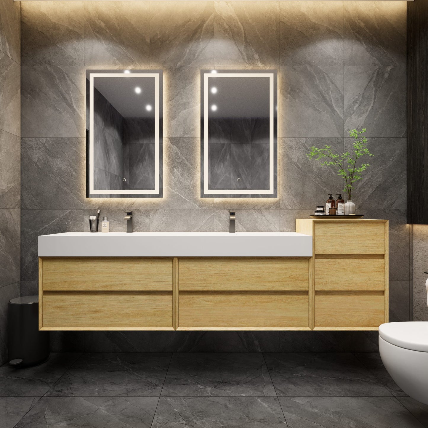 Max 92" Teak Oak Modern Minimal Bathroom Vanity with Double Acrylic FLX Sink | Better Vanity, Los Angeles, CA USA