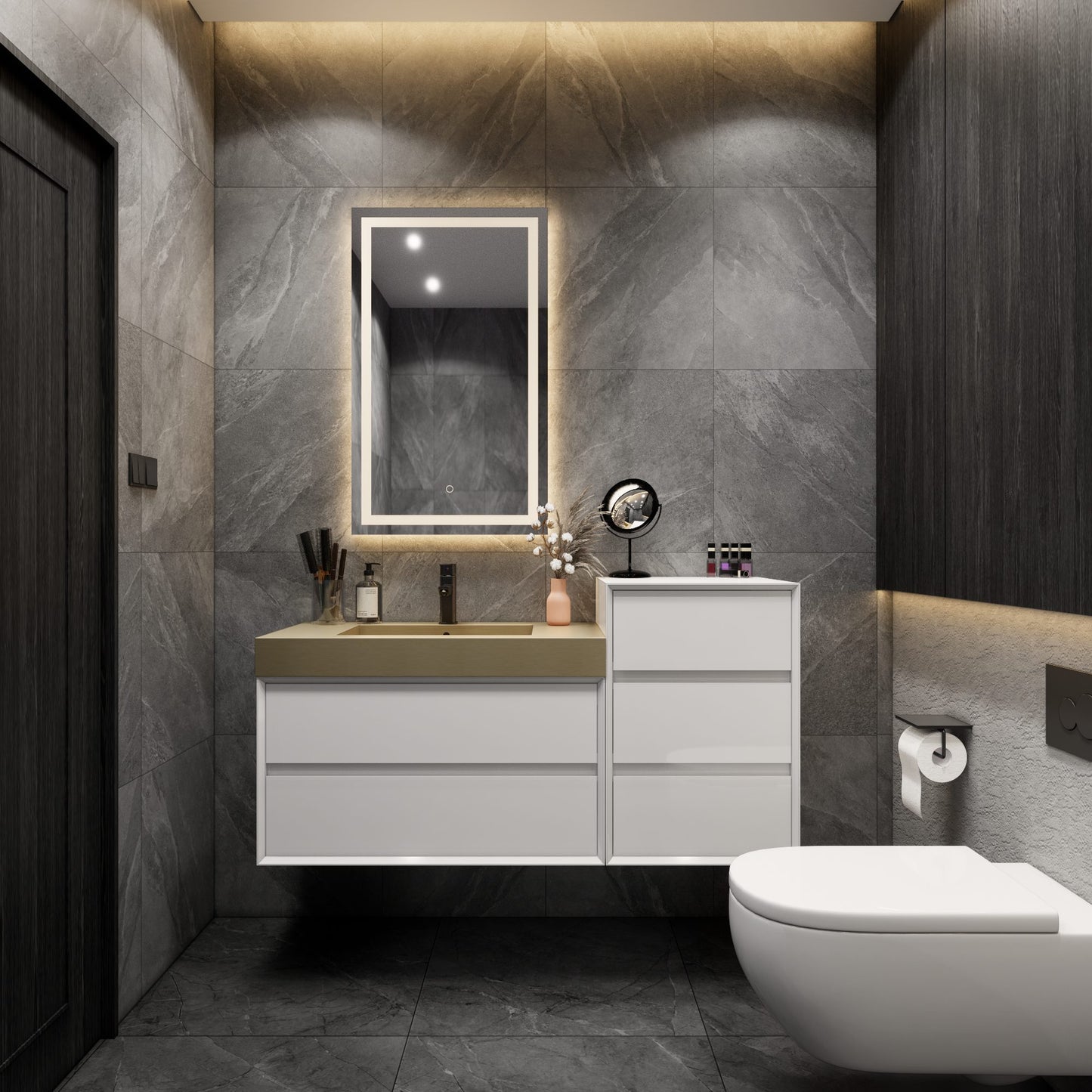 Max 62" Gloss White Floating Wall-Mounted Bathroom Vanity Sink & Medicine Cabinet with Max Gold Stainless Steel Single Sink | Better Vanity Modern Minimal Luxury Bathroom Vanities | Los Angeles, CA USA