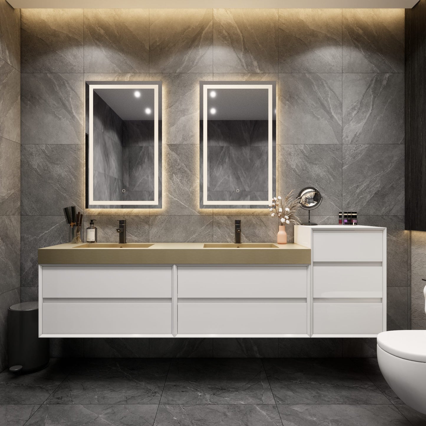 Max 104" Gloss White Floating Wall-Mounted Bathroom Vanity Sink & Medicine Side Cabinet with Max Gold Stainless Steel Double Sink | Better Vanity Modern Minimal Luxury Bathroom Vanities | Los Angeles, CA USA