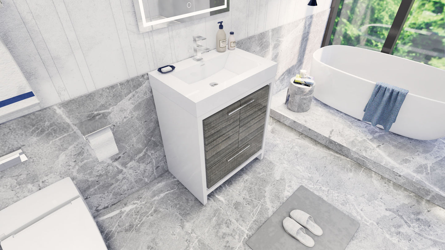 Azure 30" High Gloss Ash Gray Freestanding Vanity with Reinforced Acrylic Sink