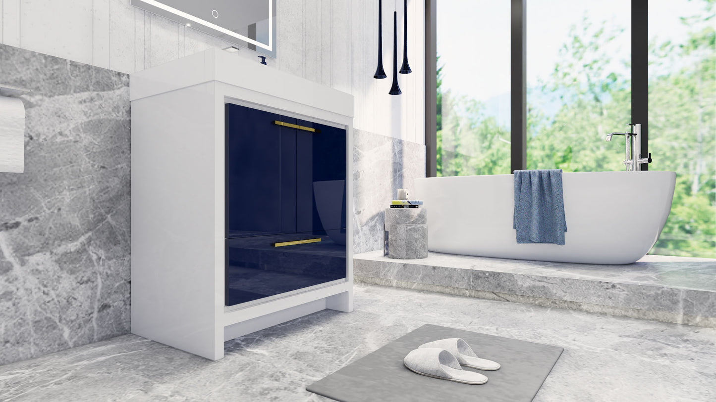 Azure 30" High Gloss Night Blue Freestanding Vanity with Reinforced Acrylic Sink