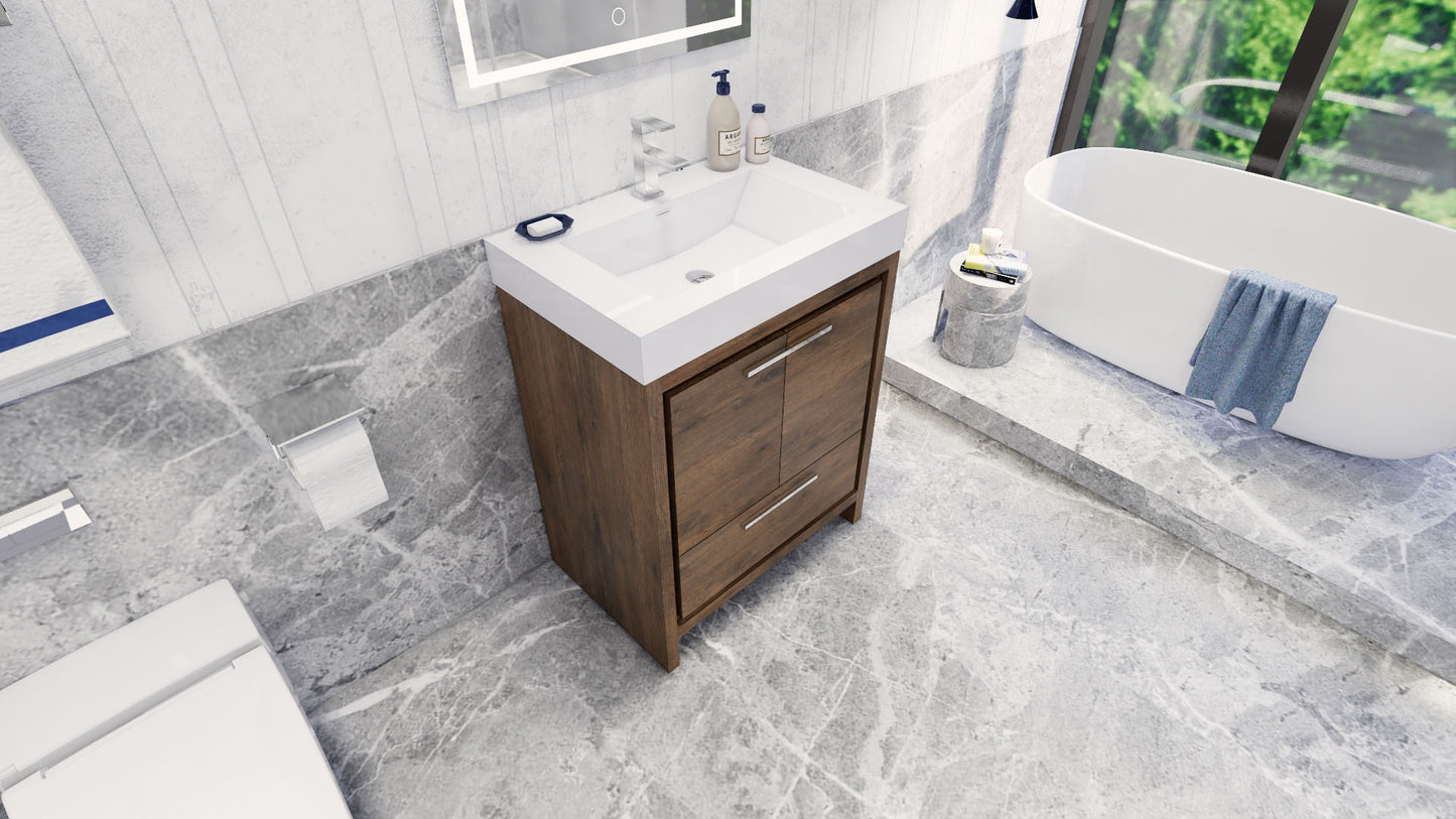 Azure 30" Rosewood Freestanding Vanity with Reinforced Acrylic Sink