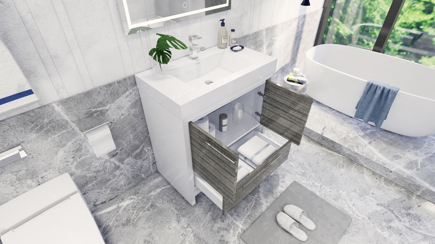 Azure 36" High Gloss Ash Gray Freestanding Vanity with Reinforced Acrylic Sink