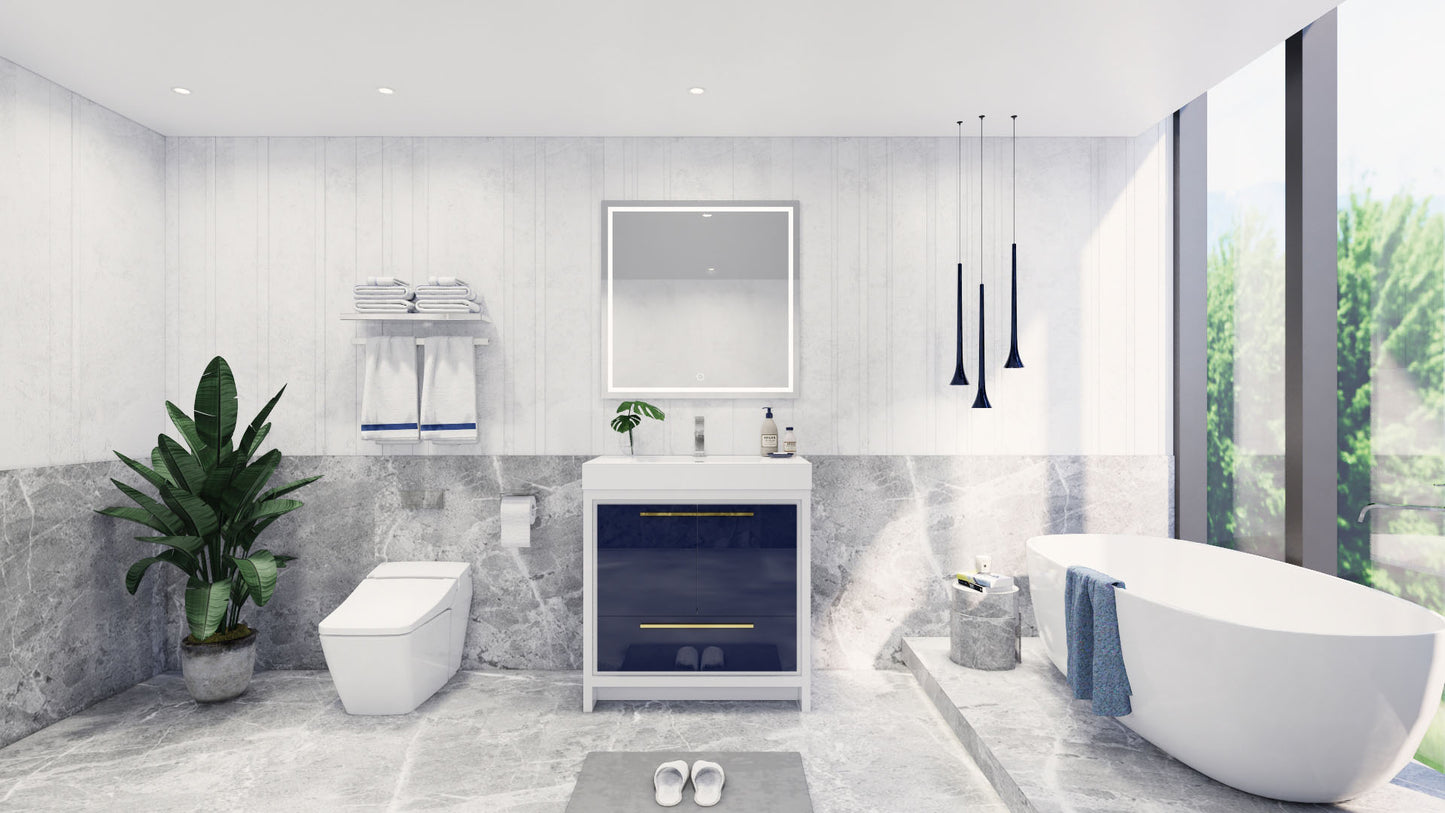 Azure 36" High Gloss Night Blue Freestanding Vanity with Reinforced Acrylic Sink