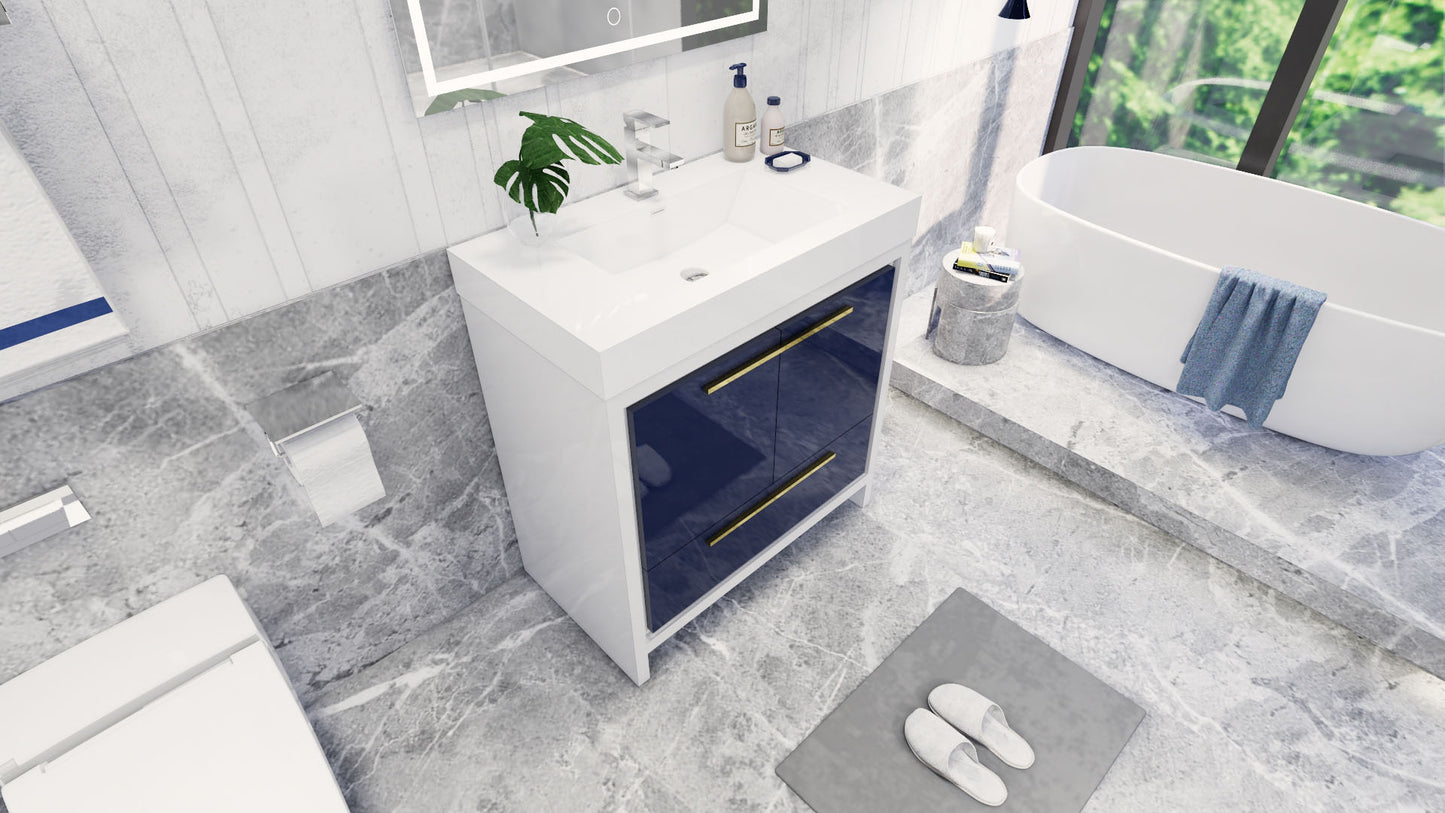 Azure 36" High Gloss Night Blue Freestanding Vanity with Reinforced Acrylic Sink