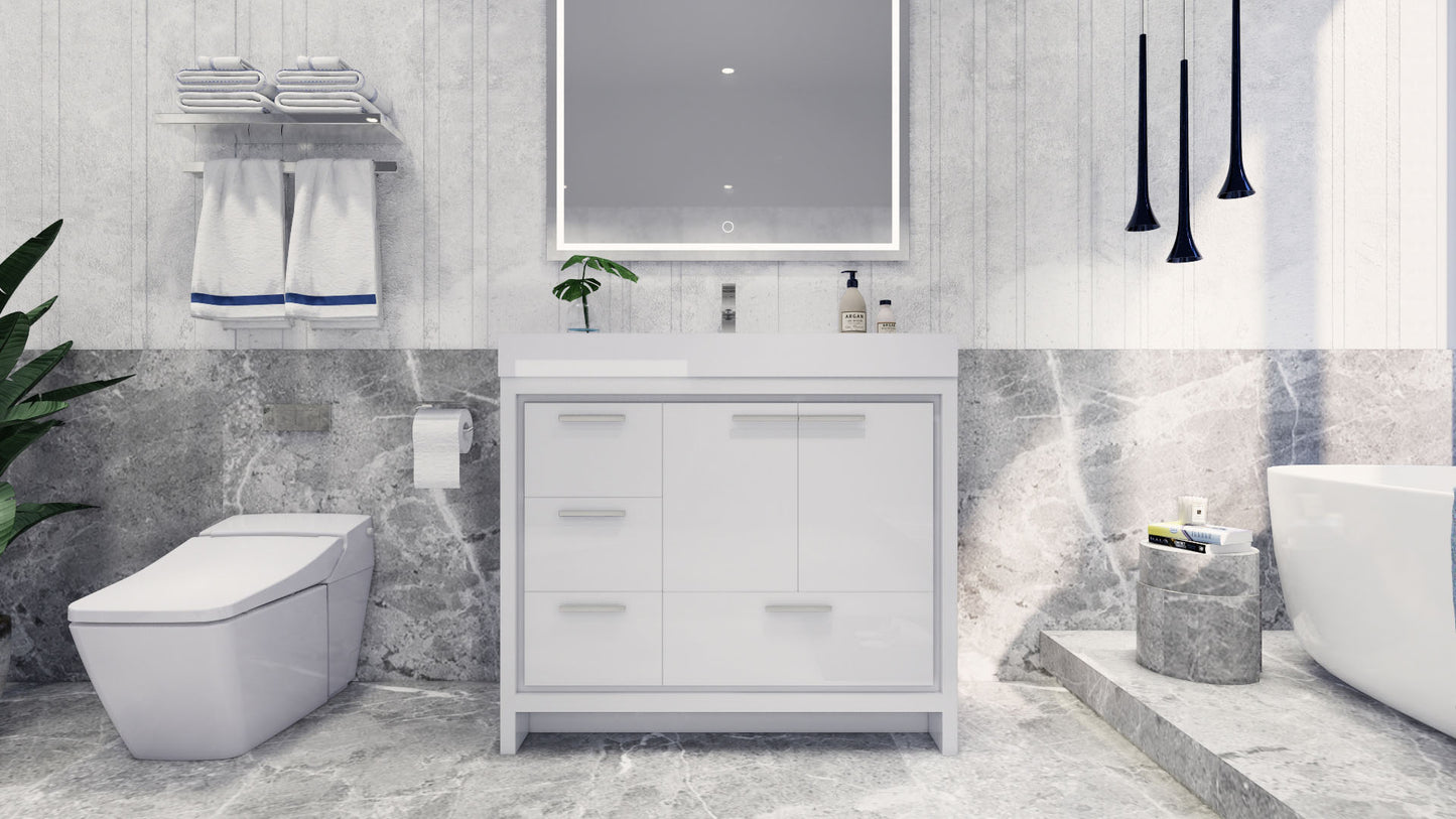 Azure 42" High Gloss White Freestanding Vanity with Reinforced Acrylic Sink (Left Side Drawers)