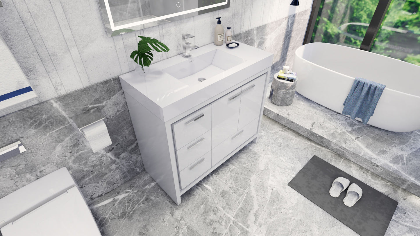 Azure 42" High Gloss White Freestanding Vanity with Reinforced Acrylic Sink (Left Side Drawers)