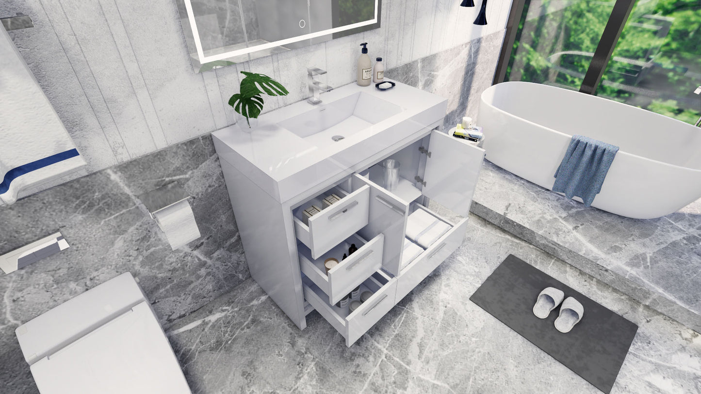 Azure 42" High Gloss White Freestanding Vanity with Reinforced Acrylic Sink (Left Side Drawers)