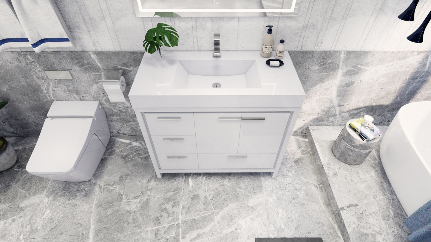 Azure 42" High Gloss White Freestanding Vanity with Reinforced Acrylic Sink (Left Side Drawers)
