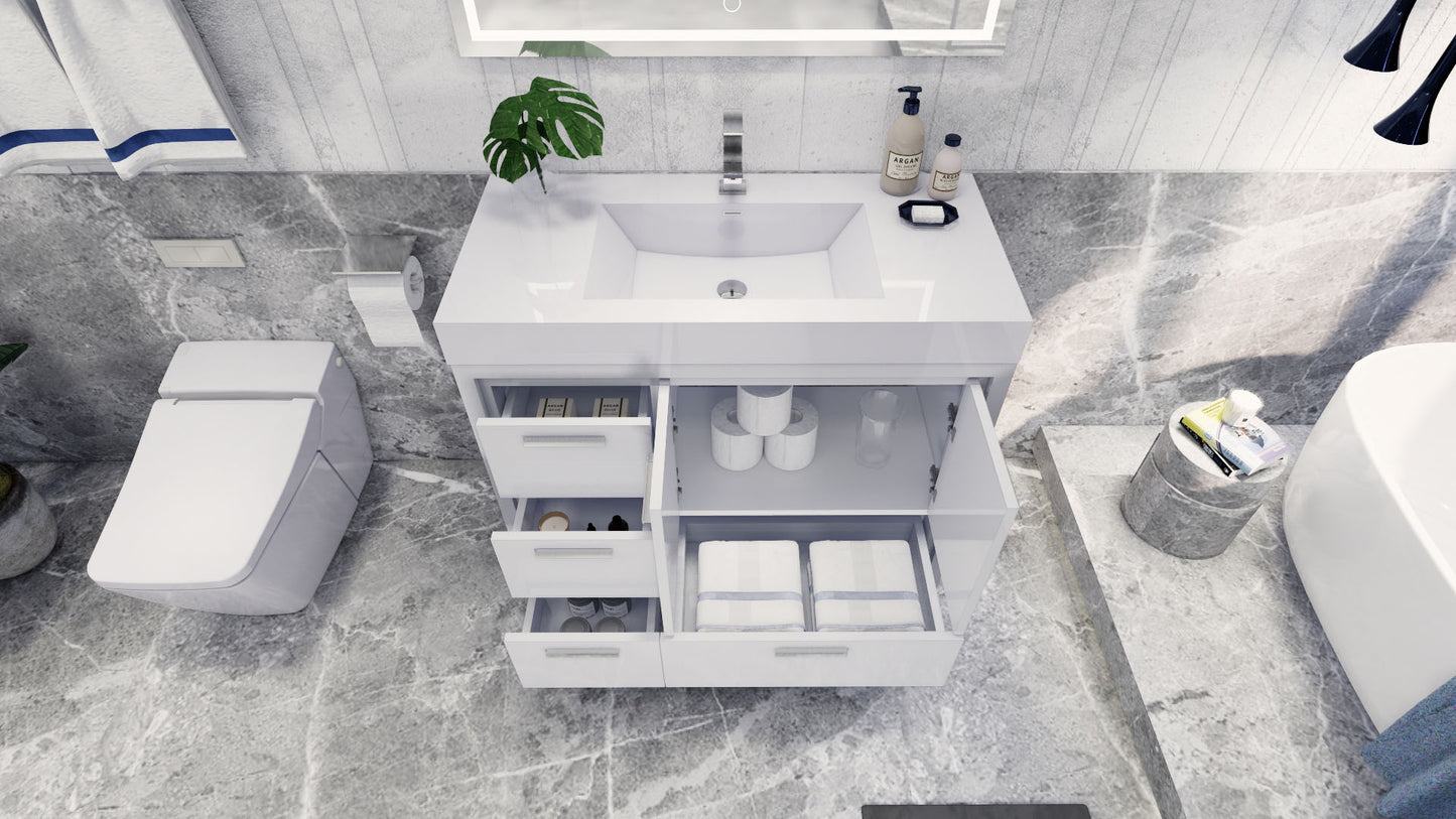 Azure 42" High Gloss White Freestanding Vanity with Reinforced Acrylic Sink (Left Side Drawers)