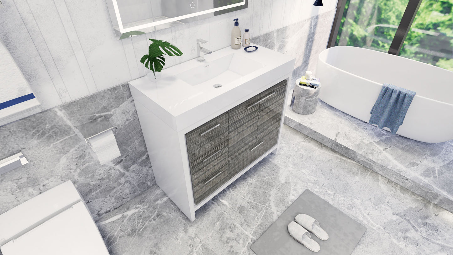 Azure 42" High Gloss Ash Gray Freestanding Vanity with Reinforced Acrylic Sink (Left Side Drawers)