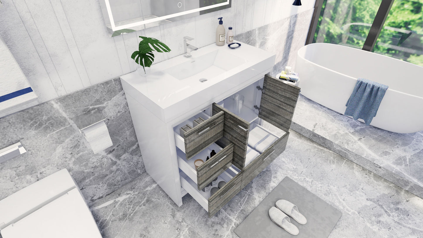 Azure 42" High Gloss Ash Gray Freestanding Vanity with Reinforced Acrylic Sink (Left Side Drawers)