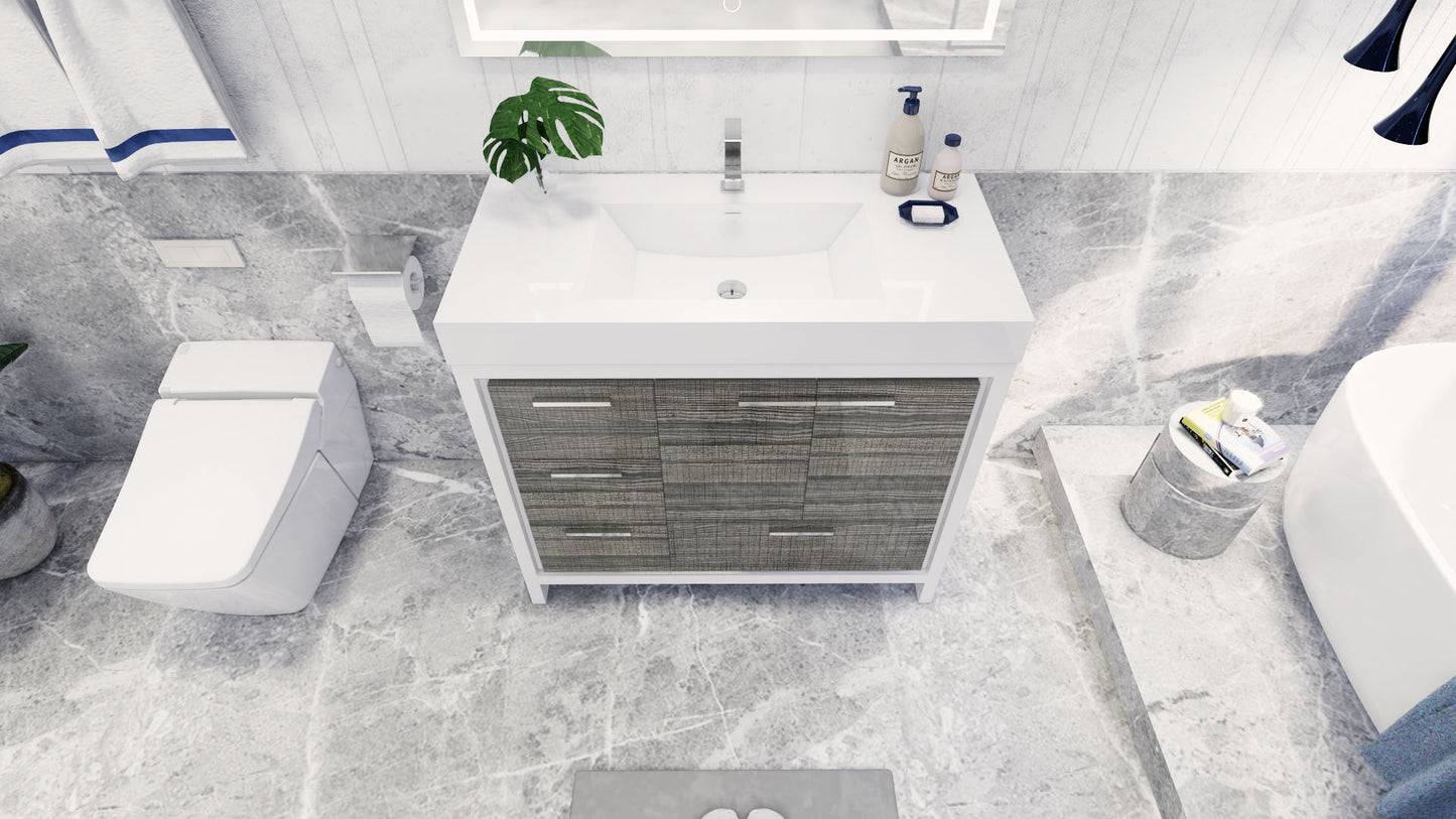 Azure 42" High Gloss Ash Gray Freestanding Vanity with Reinforced Acrylic Sink (Left Side Drawers)