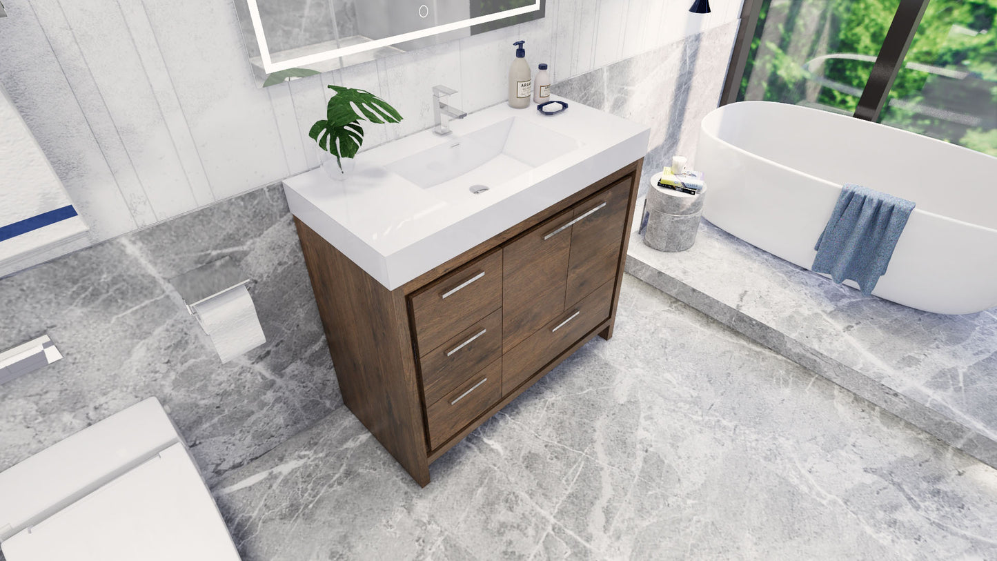 Azure 42" Rosewood Freestanding Vanity with Reinforced Acrylic Sink (Left Side Drawers)