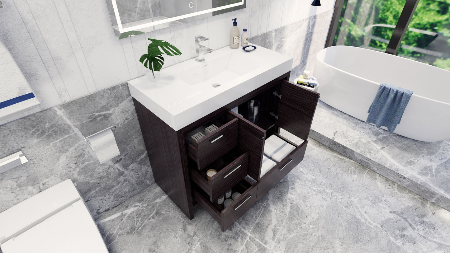 Azure 42" Dark Gray Oak Freestanding Vanity with Reinforced Acrylic Sink (Left Side Drawers)