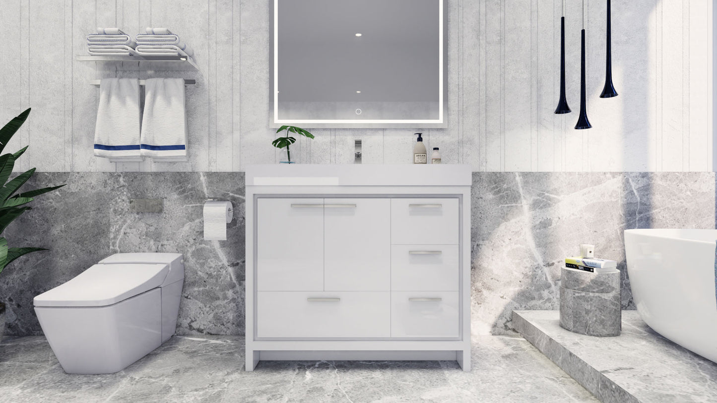 Azure 42" High Gloss White Freestanding Vanity with Reinforced Acrylic Sink (Right Side Drawers)