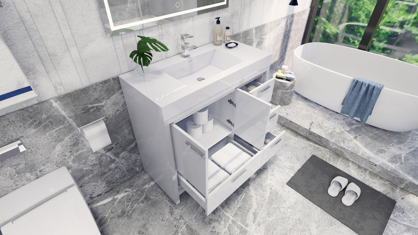 Azure 42" High Gloss White Freestanding Vanity with Reinforced Acrylic Sink (Right Side Drawers)
