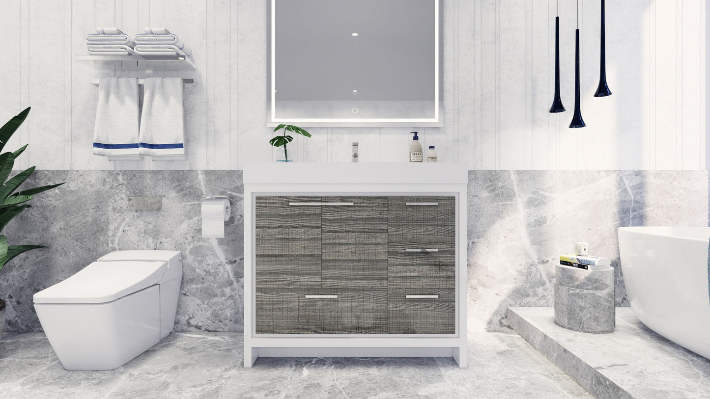 Azure 42" High Gloss Ash Gray Freestanding Vanity with Reinforced Acrylic Sink (Right Side Drawers)