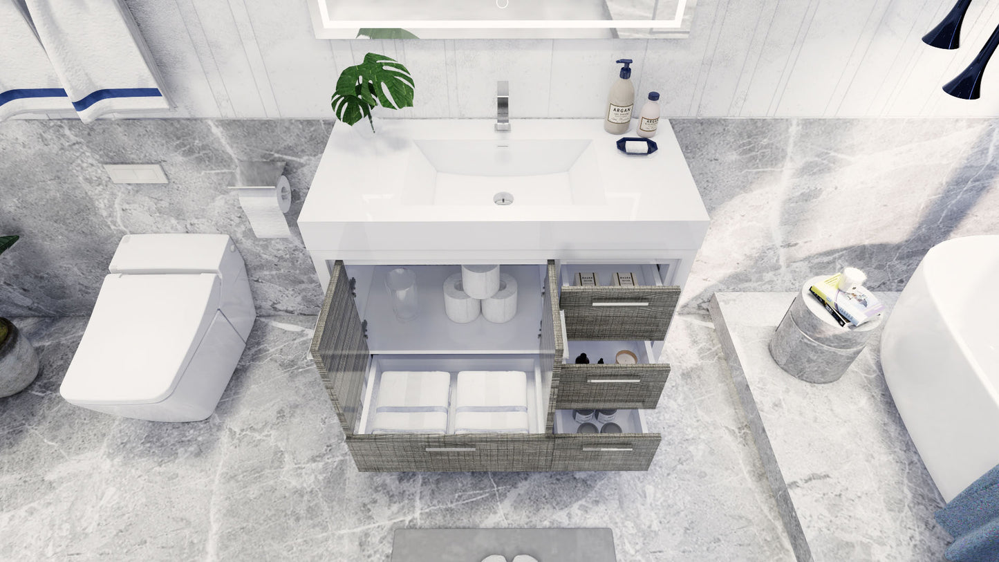 Azure 42" High Gloss Ash Gray Freestanding Vanity with Reinforced Acrylic Sink (Right Side Drawers)