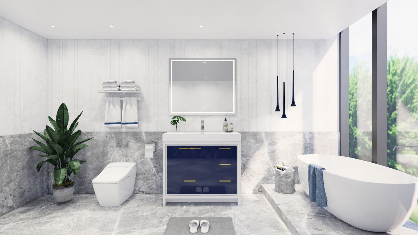 Azure 42" High Gloss Night Blue Freestanding Vanity with Reinforced Acrylic Sink (Right Side Drawers)