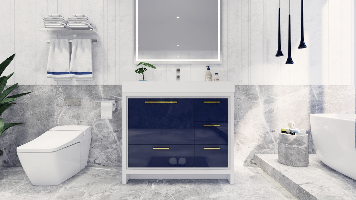 Azure 42" High Gloss Night Blue Freestanding Vanity with Reinforced Acrylic Sink (Right Side Drawers)