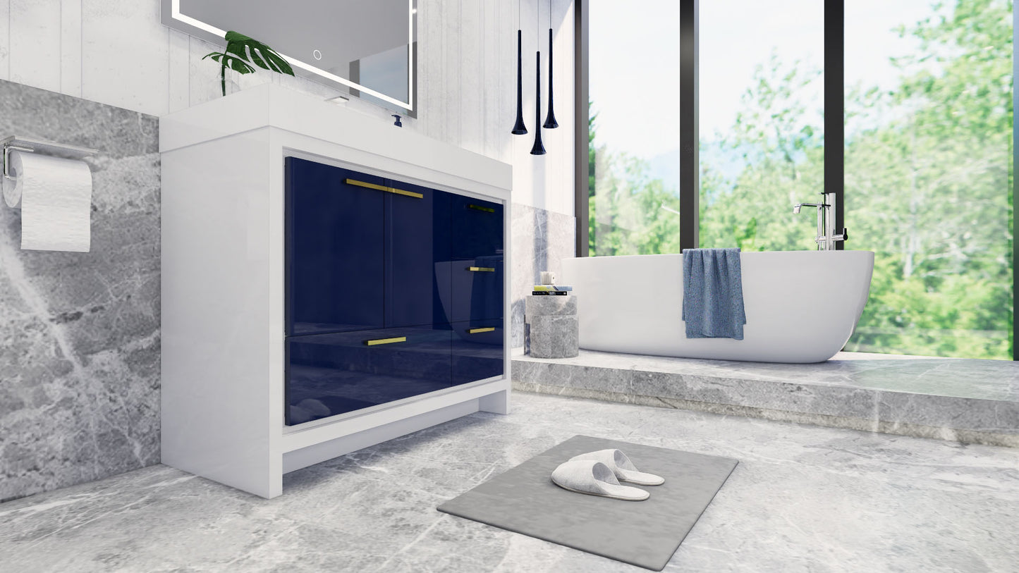 Azure 42" High Gloss Night Blue Freestanding Vanity with Reinforced Acrylic Sink (Right Side Drawers)