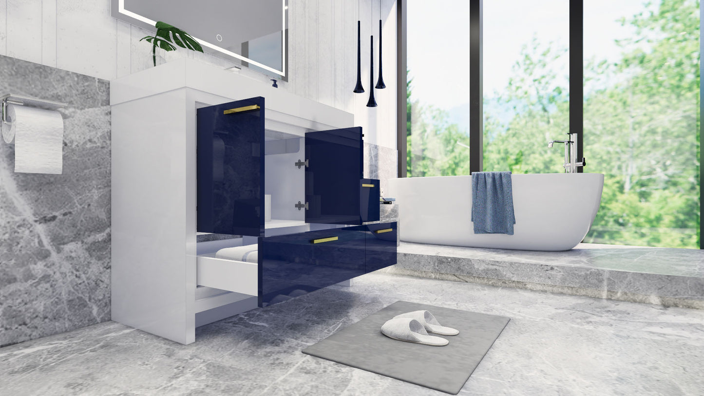 Azure 42" High Gloss Night Blue Freestanding Vanity with Reinforced Acrylic Sink (Right Side Drawers)