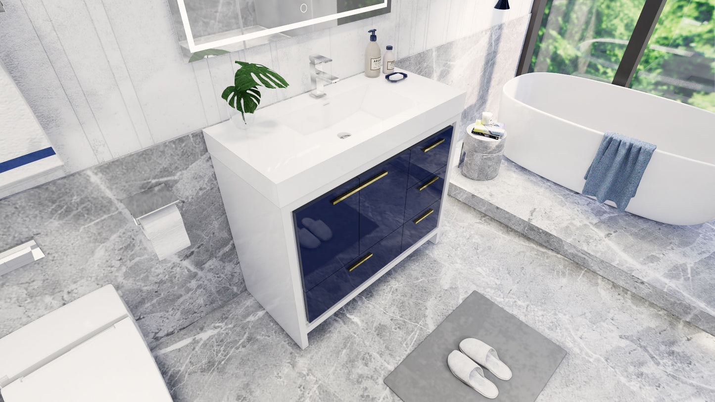 Azure 42" High Gloss Night Blue Freestanding Vanity with Reinforced Acrylic Sink (Right Side Drawers)