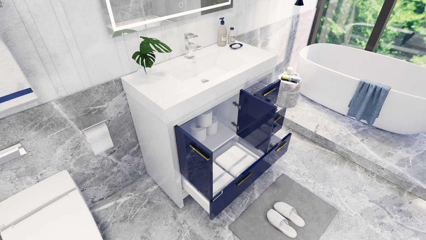 Azure 42" High Gloss Night Blue Freestanding Vanity with Reinforced Acrylic Sink (Right Side Drawers)