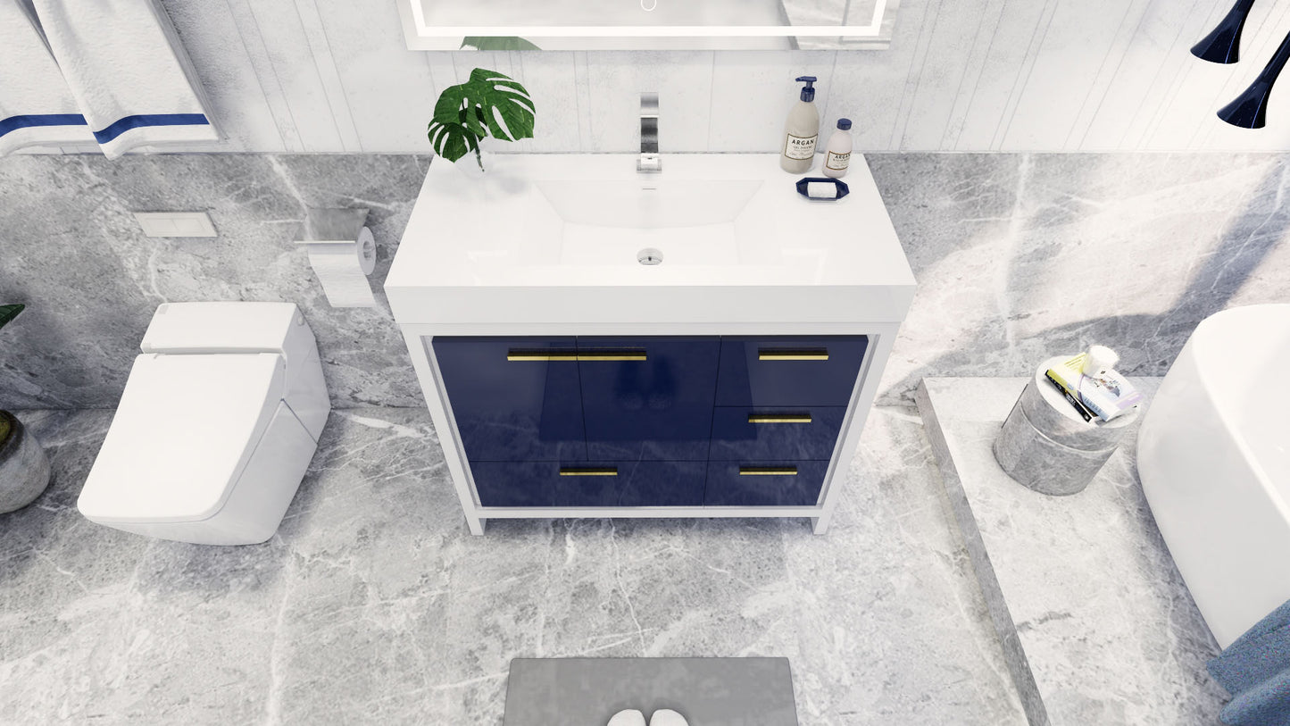 Azure 42" High Gloss Night Blue Freestanding Vanity with Reinforced Acrylic Sink (Right Side Drawers)