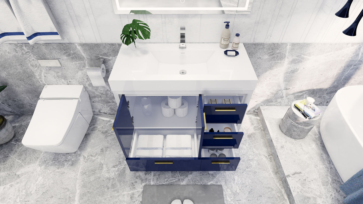 Azure 42" High Gloss Night Blue Freestanding Vanity with Reinforced Acrylic Sink (Right Side Drawers)